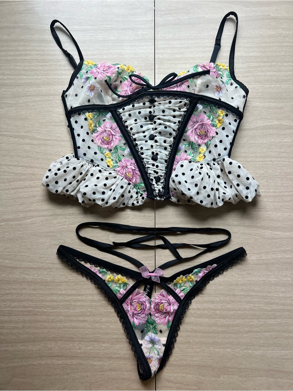 For Love & Lemons Black Polka Dot Mesh Lingerie Top and Thong Set Size XS